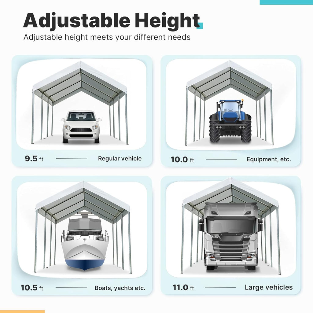 ADVANCE OUTDOOR 10x20 ft Heavy Duty Carport Potable Car Canopy Garage Party Tent Boat Shelter, Adjustable Height from 9.5 ft to 11 ft, Beige