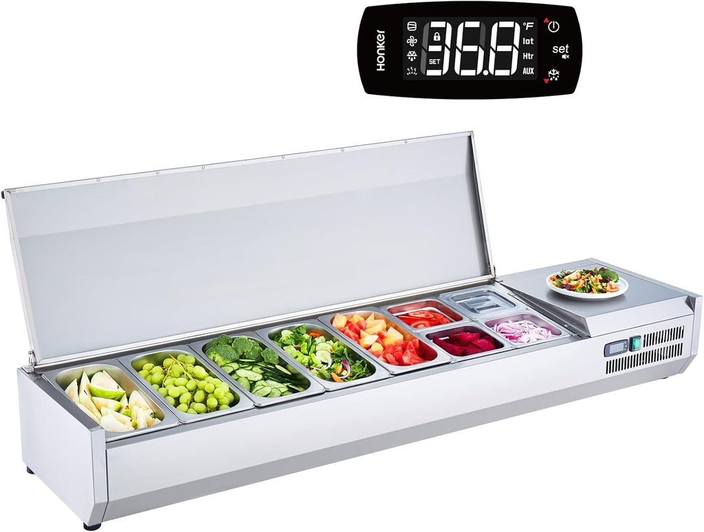 Refrigerated Condiment Prep Station, 135 W Countertop Refrigerated Condiment Station, with 2 1/3 Pans & 4 1/6 Pans, 304 Stainless Body and PC Lid, Sandwich Prep Table with Stainless Guard, ETL