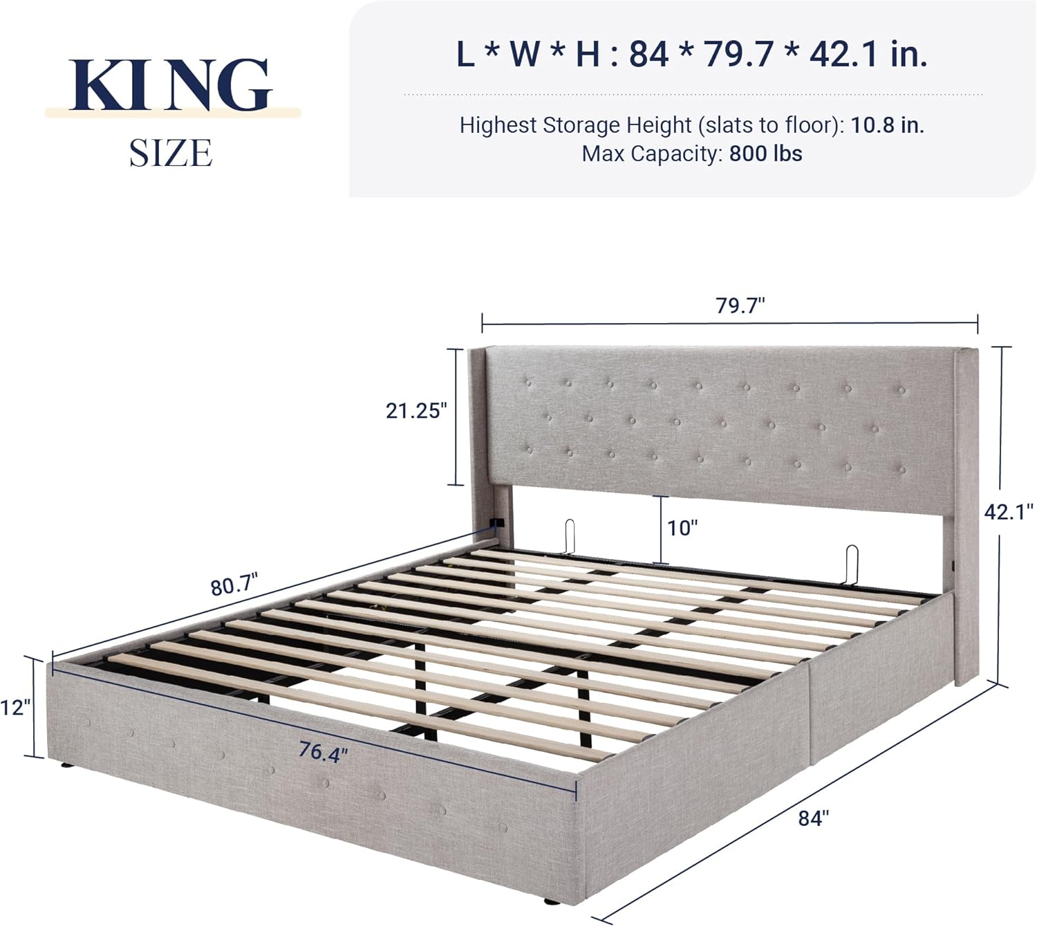 Allewie Queen Size Lift Up Storage Bed, Modern Wingback Headboard, Hydraulic Support, No Box Spring Needed, Light Beige