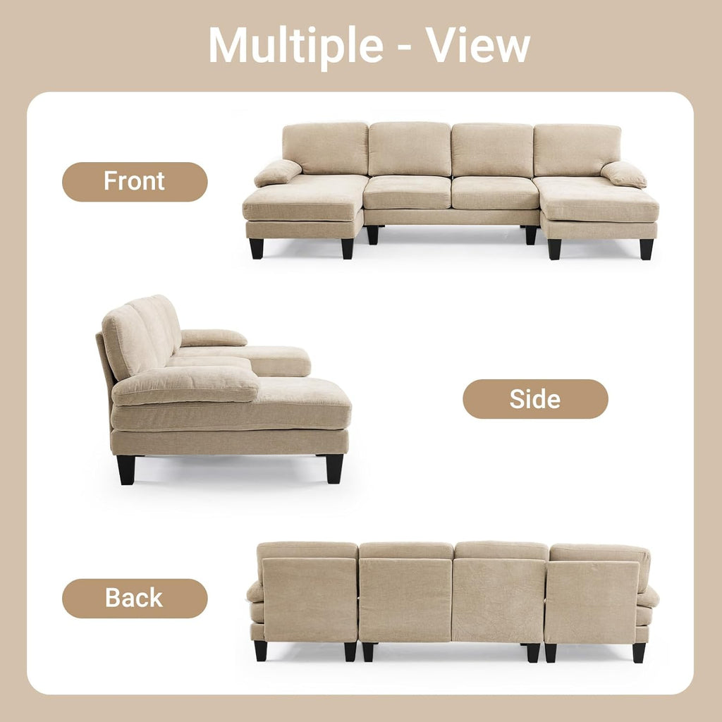 VINGLI 110" Sectional Couches for Living Room,U Shaped Couch with Double Chaise, 4-Seat Sofa Set with Chenille Fabric for Home Furniture,Beige