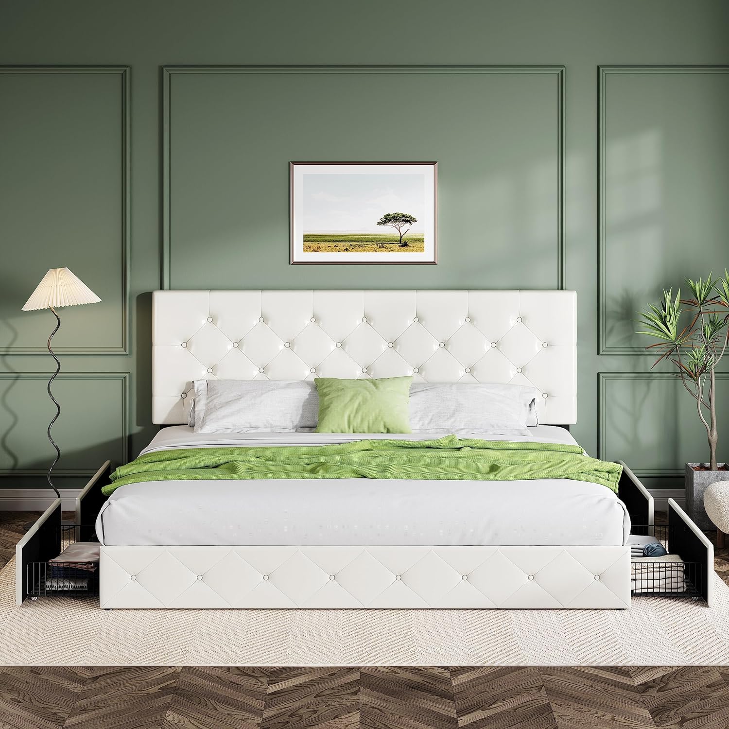 Allewie Upholstered Queen Size Platform Bed Frame with 4 Storage Drawers and Headboard, Square Stitched Button Tufted, Mattress Foundation with Wooden Slats Support, No Box Spring Needed, Light Grey
