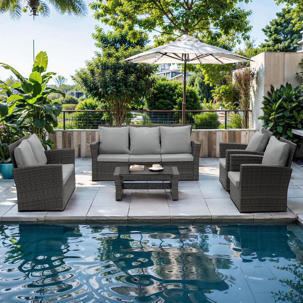 Wisteria Lane 4 Piece Outdoor Patio Furniture Sets, Wicker Conversation Set for Porch Deck, Grey Rattan Sofa Chair with Cushion （Blue