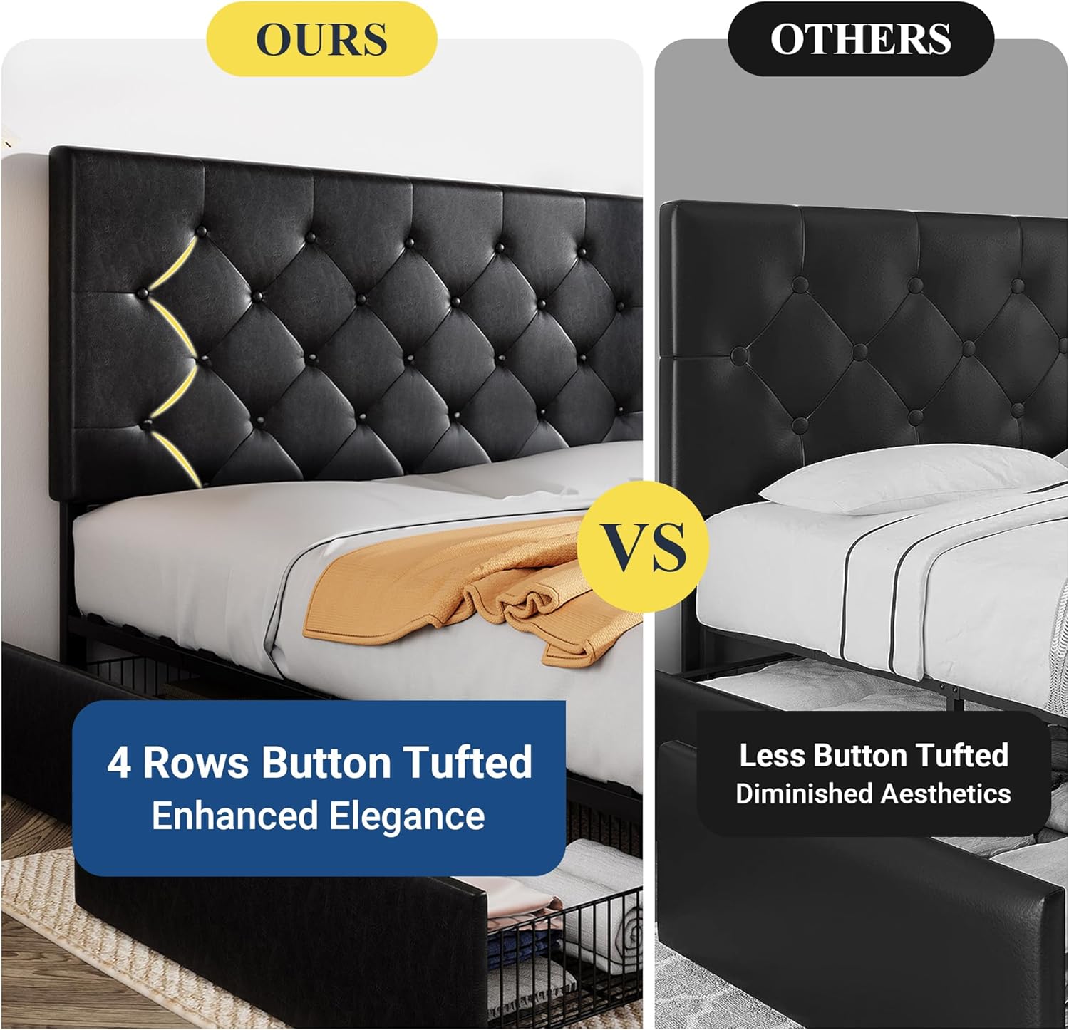 Allewie Upholstered Queen Size Platform Bed Frame with 4 Storage Drawers and Headboard, Square Stitched Button Tufted, Mattress Foundation with Wooden Slats Support, No Box Spring Needed, Light Grey