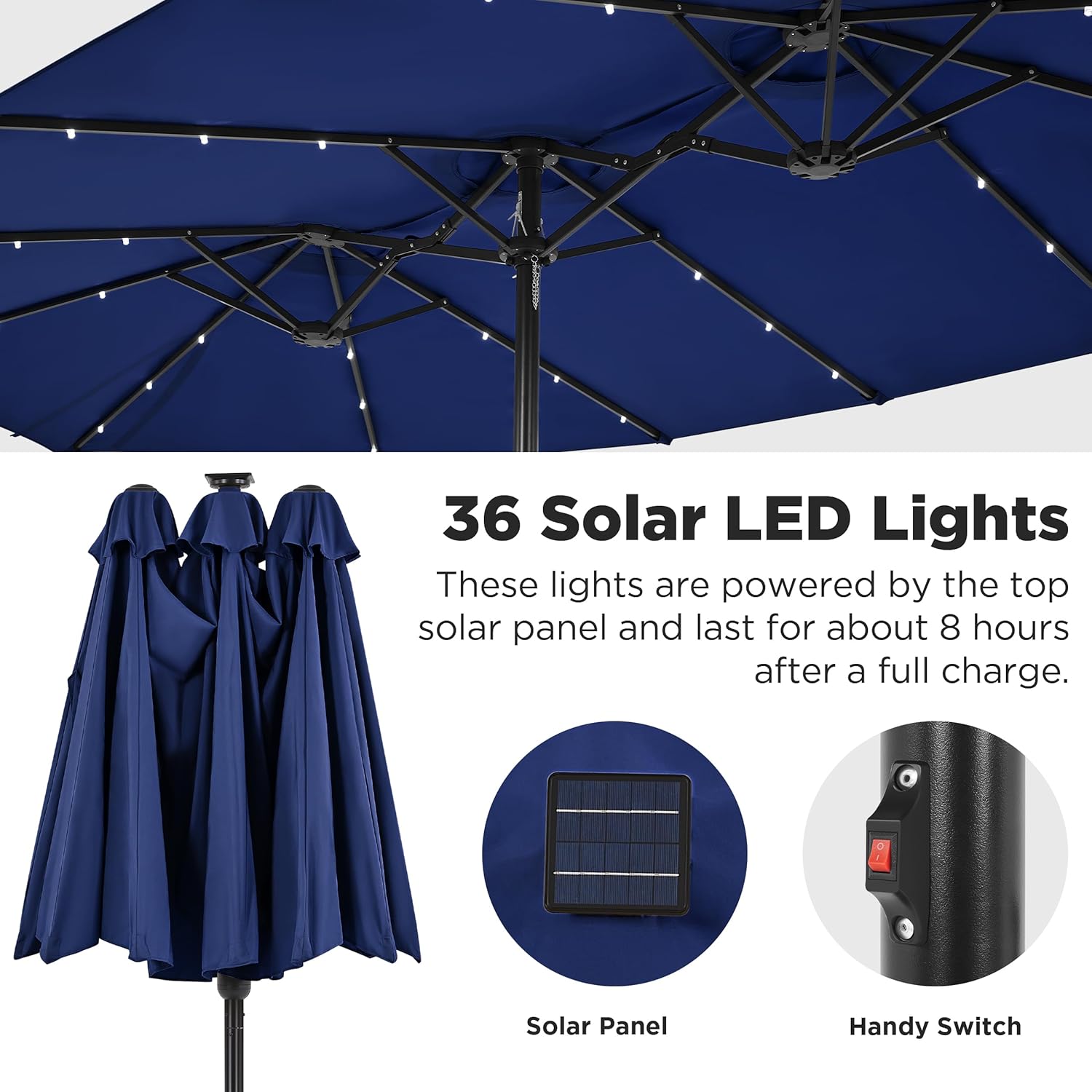 15 ft Large Patio Umbrella with Solar Lights Double-Sided Outdoor Rectangle Market Umbrellas with 36 LED Lights/Base Included/Easy Crank for Patio Garden Yard Pool Lawn, Brown