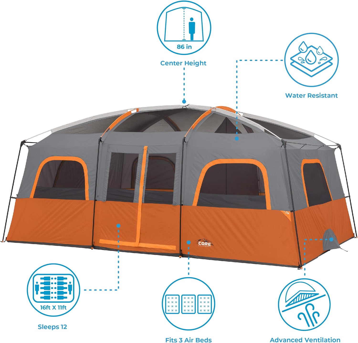 CORE Straight Wall Cabin Tents | 10 Person / 11 Person / 12 Person Large Multi Room Family Tents for Car Camping & Outdoor Adventures