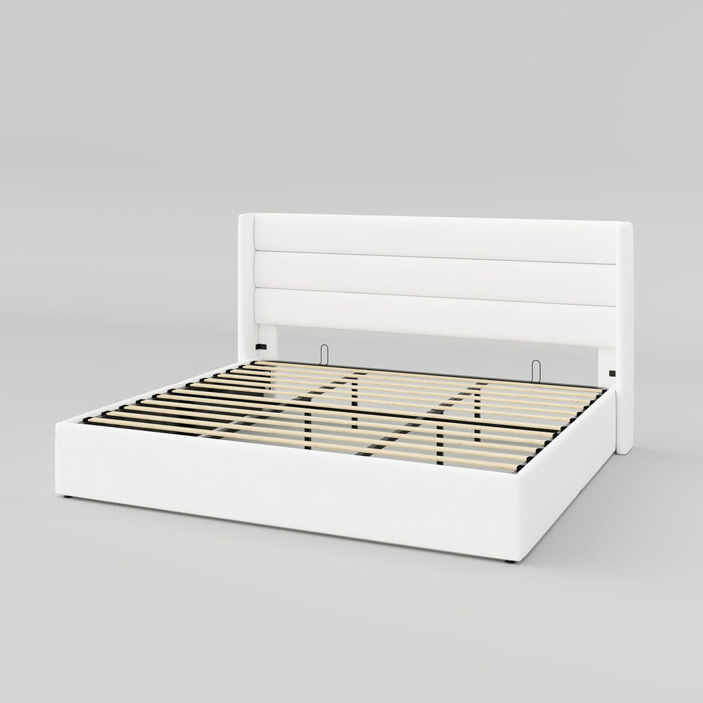 Allewie Queen Size Lift Up Storage Bed, Modern Wingback Headboard, Hydraulic Support, No Box Spring Needed, Light Beige