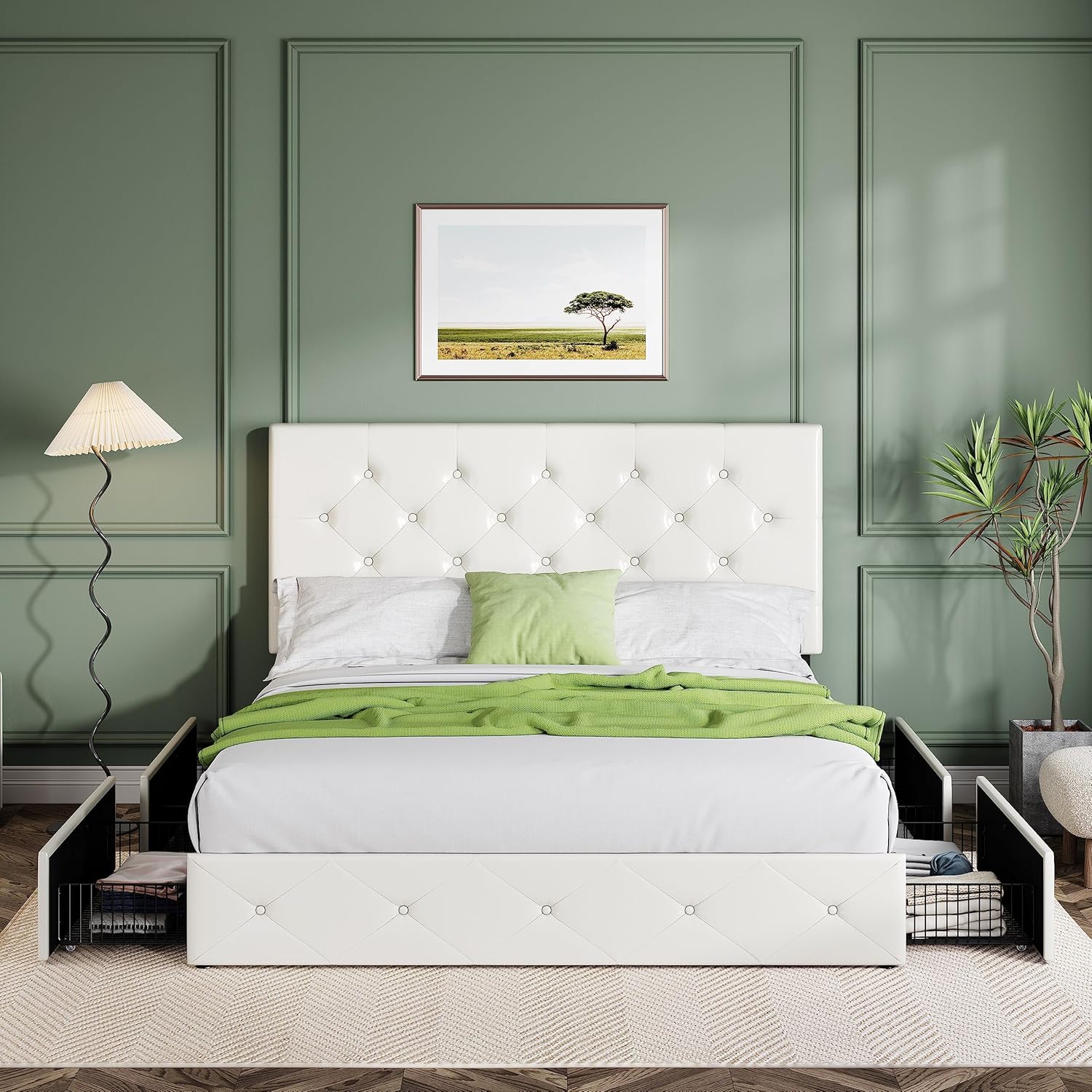 Allewie Upholstered Queen Size Platform Bed Frame with 4 Storage Drawers and Headboard, Square Stitched Button Tufted, Mattress Foundation with Wooden Slats Support, No Box Spring Needed, Light Grey