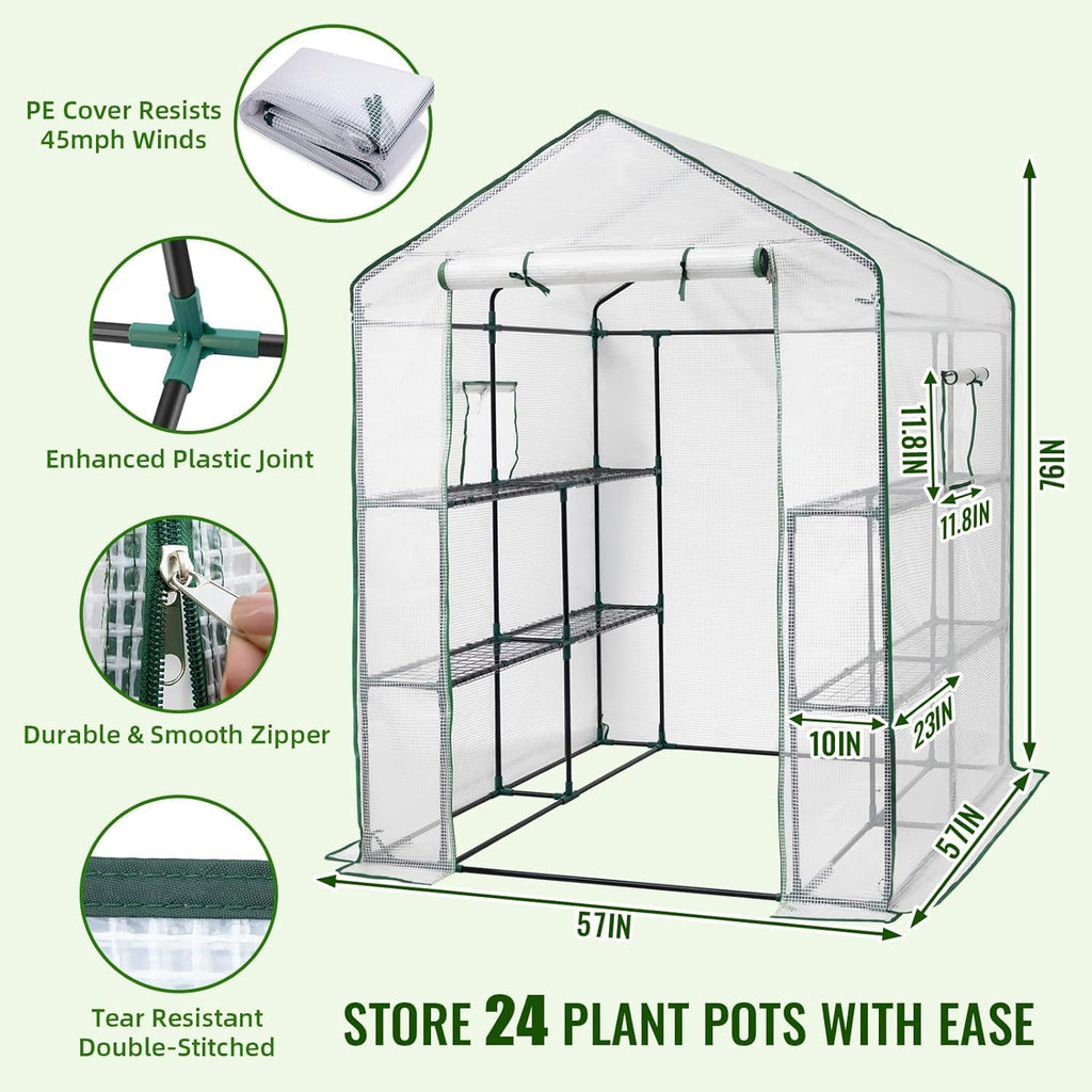 Greenhouse, 57 x 85 x 76'' Greenhouses for Outdoors, Portable Greenhouse Kit with Mesh Side Windows, PE Cover, 8 Shelves, Heavy Duty Walk in Green House for Backyard Garden Indoor Outside