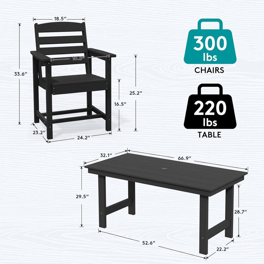 SERWALL 7-Piece Patio Table Set, Outdoor HDPE Dining Furniture with Umbrella Hole, All Weather Table and Chairs for Lawn, Garden, Poolside, Aruba