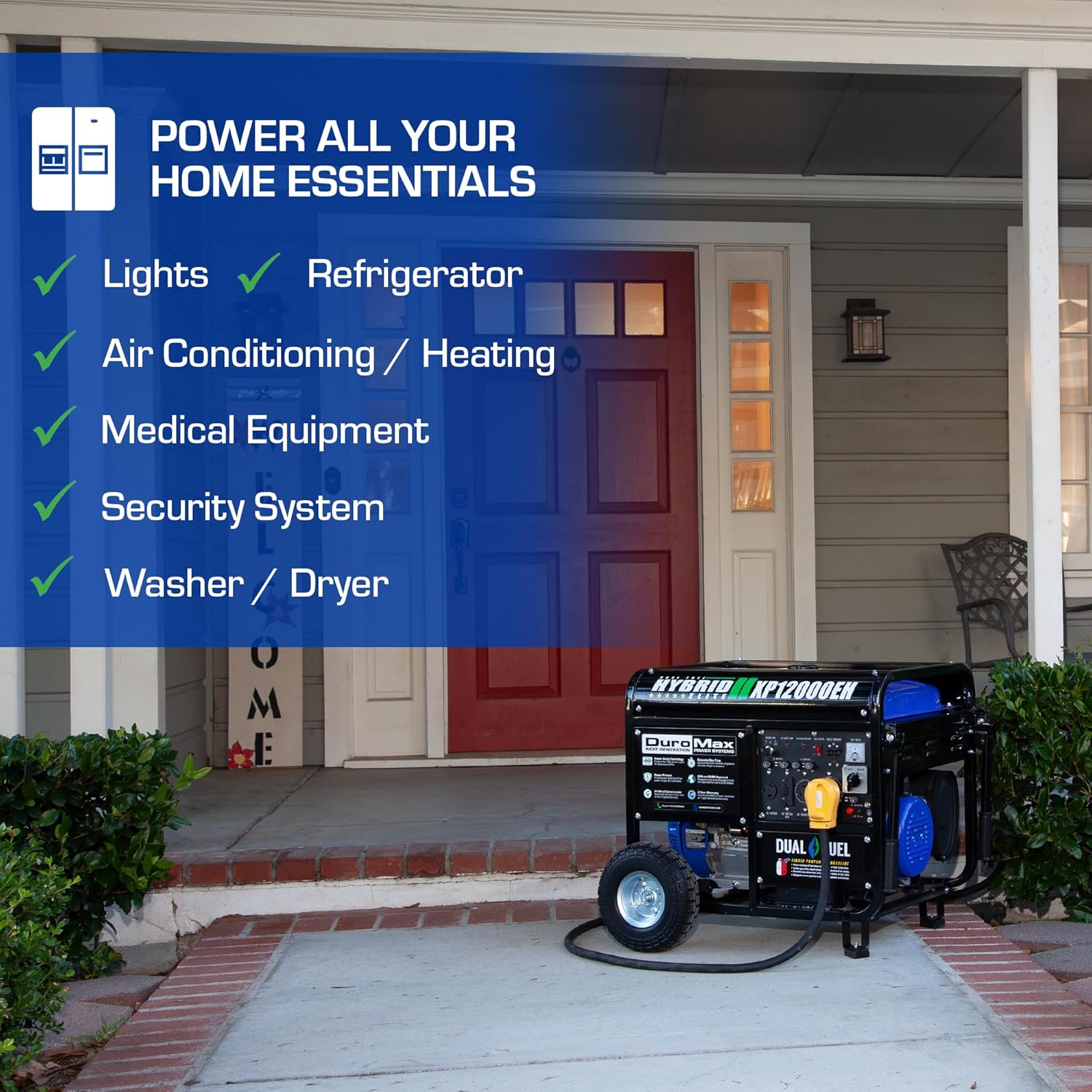DuroMax XP13000EH 13,000-Watt Dual Fuel Portable Generator - Gas & Propane, Electric Start, Whole Home Backup Power, Transfer Switch Ready, RV & Emergency Ready