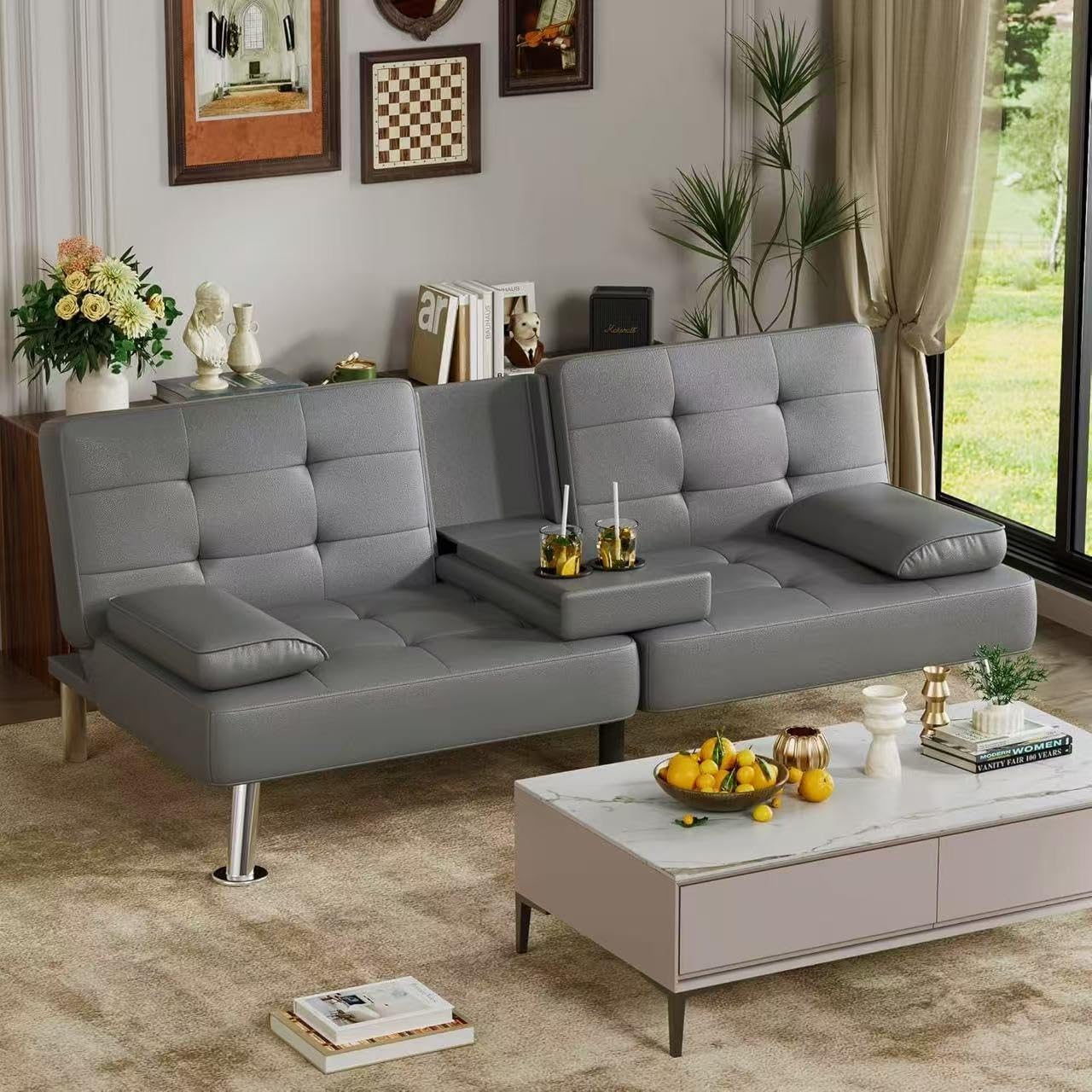Homall Futon Sofa Bed, Leather Futon Couch with Removable Armrests, Adjustable Recliner Sleeper Sofa Bed with Dual Cup Holders for Living Room, Apartment, Office (Black)