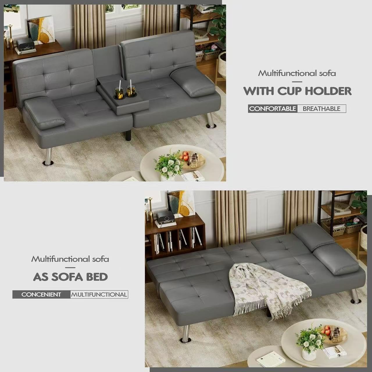 Homall Futon Sofa Bed, Leather Futon Couch with Removable Armrests, Adjustable Recliner Sleeper Sofa Bed with Dual Cup Holders for Living Room, Apartment, Office (Black)