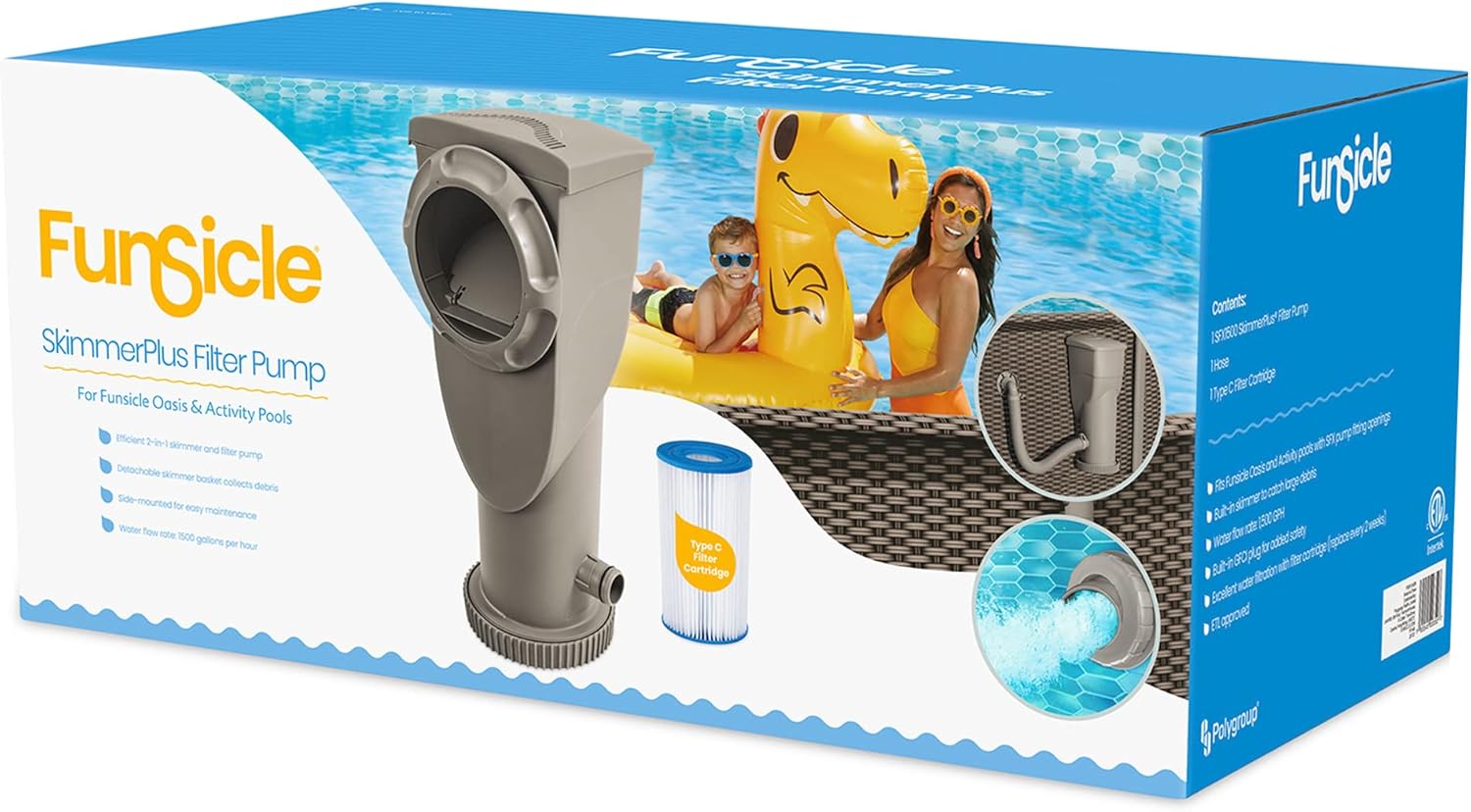 Funsicle SkimmerPlus 1500 Gallons Per Hour 2 in 1 Filter Pump and Skimmer System with Clamps and 1.5 Inch Hose Fitting for Above Ground Swimming Pools