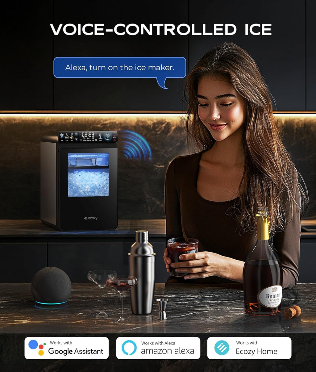 ecozy Nugget Ice Maker Countertop, Smart Pebble Ice Machine with APP Control, 44 lbs/24H Soft Pellet Chewable Ice with Self-Cleaning, Stainless Steel