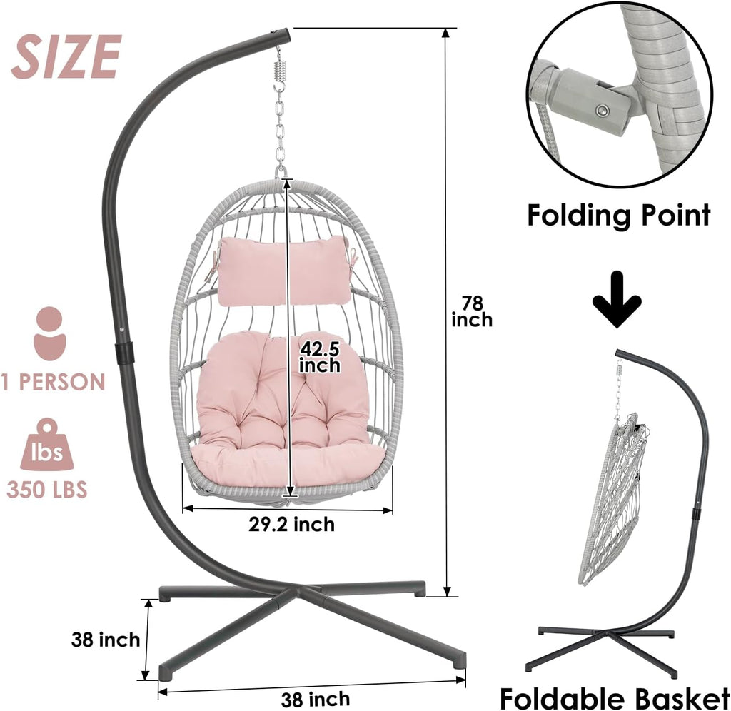 Yechen Indoor Outdoor Egg Hanging Chair with Stand, Patio Wicker Swing Egg Chair Indoor Swinging Chair Outdoor Hammock Egg Chair 350lbs Capacity for Patio Bedroom Balcony, Charcoal Grey (EG-001)