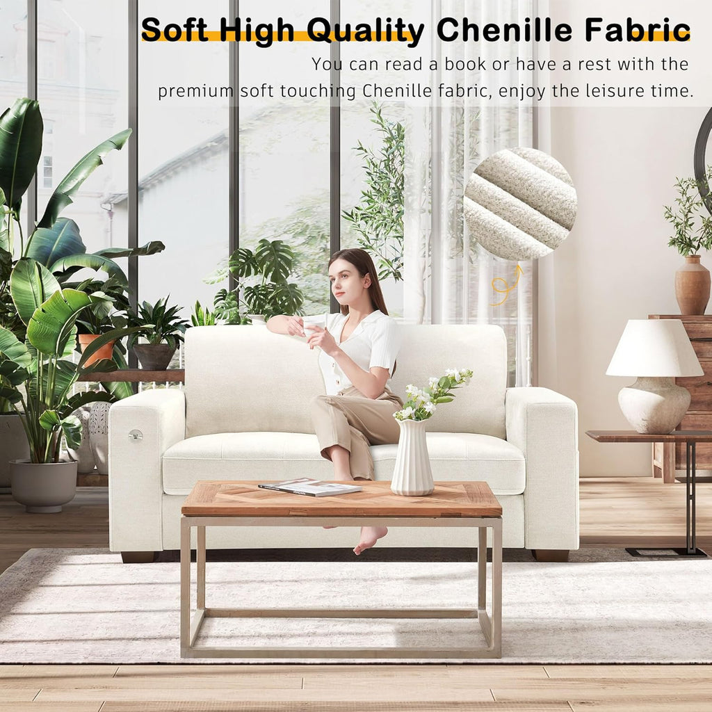 Hanherry 89" Sofa for Living Room, Modern Comfy Sofa with Medium Firm Seat Cushion, Removable Cover,Wide Armrest,USB/Type-C Port,Chenille Fabric Couches for Small Space,Apartment
