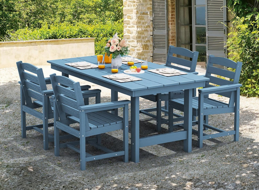 SERWALL 7-Piece Patio Table Set, Outdoor HDPE Dining Furniture with Umbrella Hole, All Weather Table and Chairs for Lawn, Garden, Poolside, Aruba