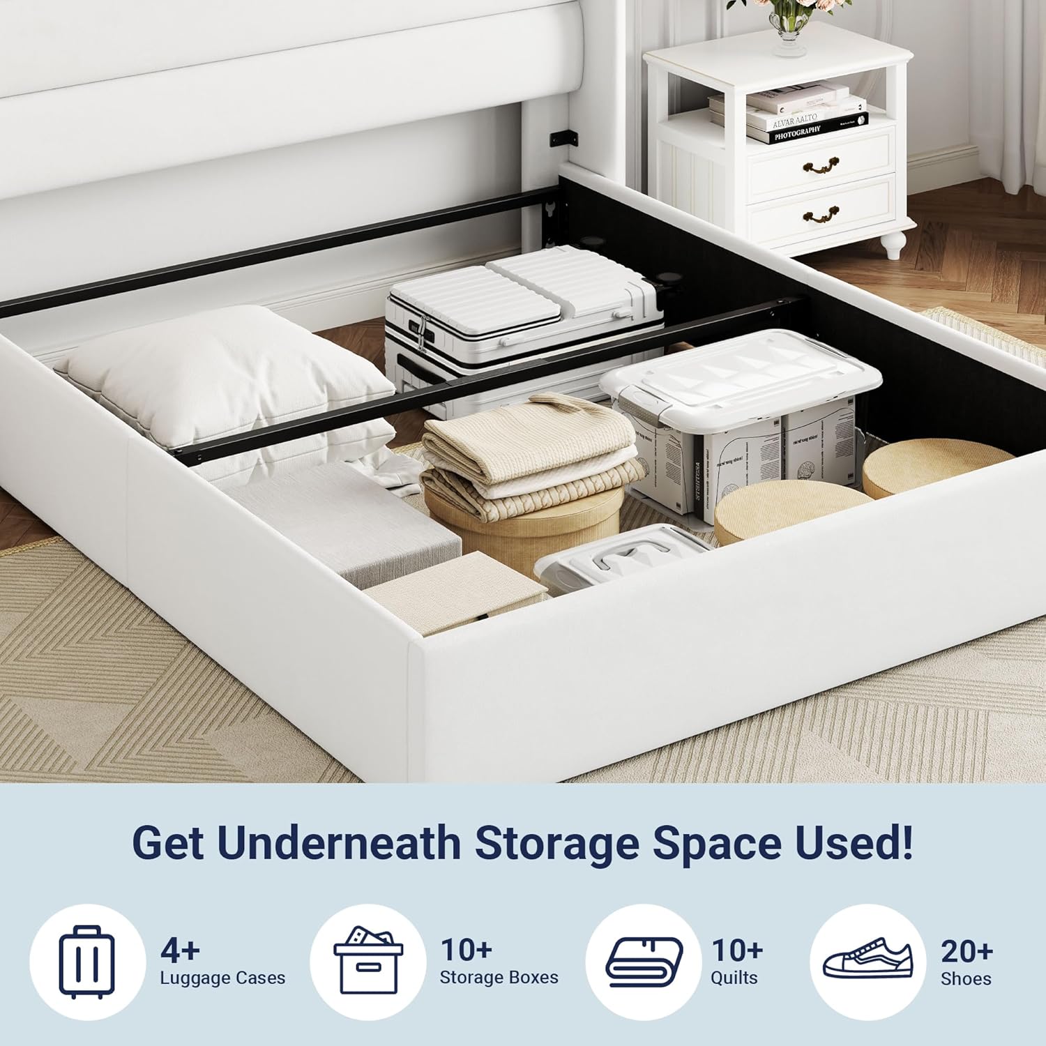 Allewie Queen Size Lift Up Storage Bed, Modern Wingback Headboard, Hydraulic Support, No Box Spring Needed, Light Beige