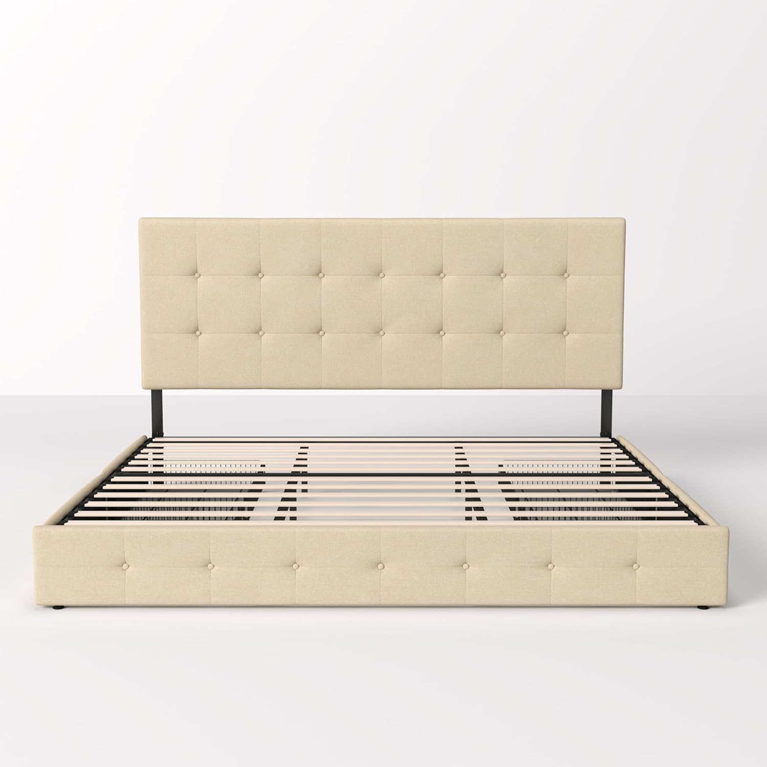 Allewie Upholstered Queen Size Platform Bed Frame with 4 Storage Drawers and Headboard, Square Stitched Button Tufted, Mattress Foundation with Wooden Slats Support, No Box Spring Needed, Light Grey