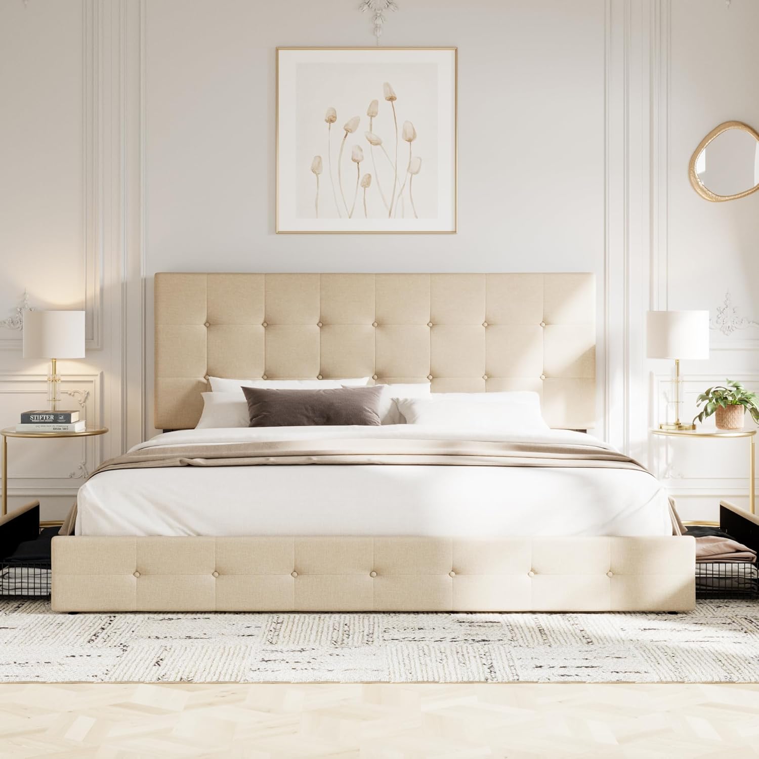 Allewie Upholstered Queen Size Platform Bed Frame with 4 Storage Drawers and Headboard, Square Stitched Button Tufted, Mattress Foundation with Wooden Slats Support, No Box Spring Needed, Light Grey