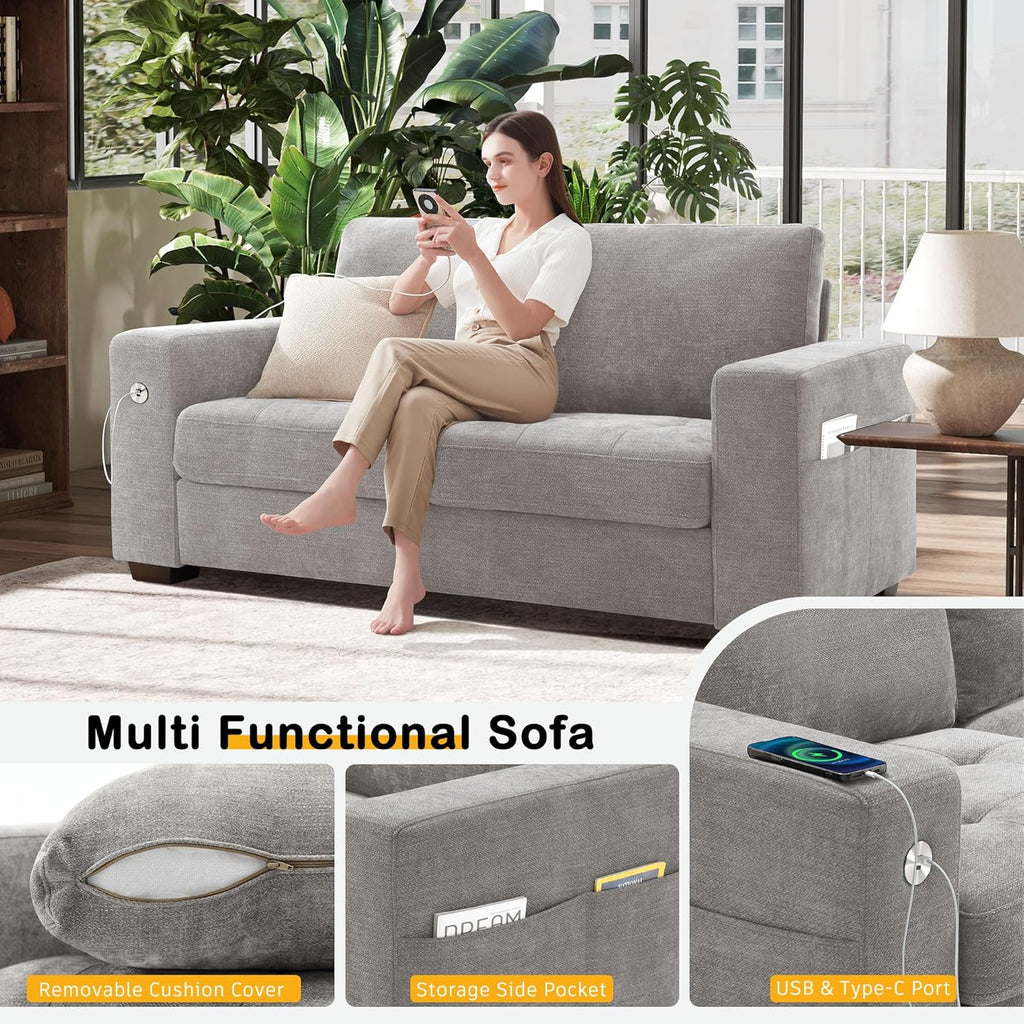 Hanherry 89" Sofa for Living Room, Modern Comfy Sofa with Medium Firm Seat Cushion, Removable Cover,Wide Armrest,USB/Type-C Port,Chenille Fabric Couches for Small Space,Apartment