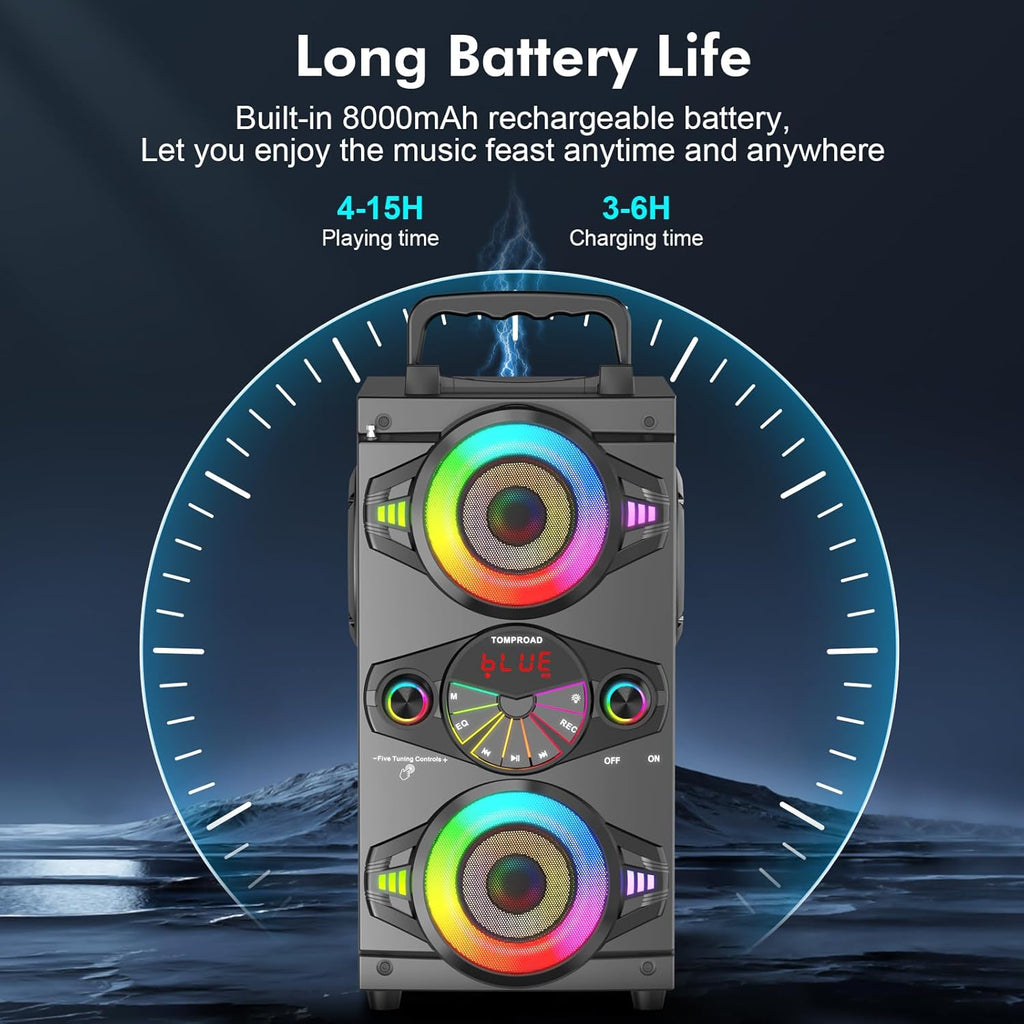 Speakers, 60W Portable Wireless Loud Outdoor Home Party Bluetooth Speaker with Subwoofer, FM Radio, LED Colorful Lights, Microphone, Remote and Big Powerful Stereo Deep Bass Sound Boombox