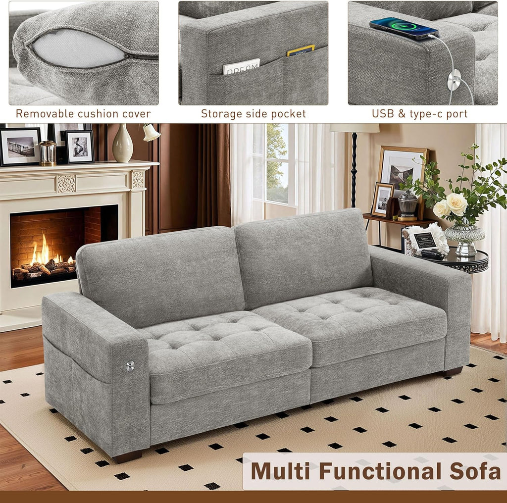 Hanherry 89" Sofa for Living Room, Modern Comfy Sofa with Medium Firm Seat Cushion, Removable Cover,Wide Armrest,USB/Type-C Port,Chenille Fabric Couches for Small Space,Apartment