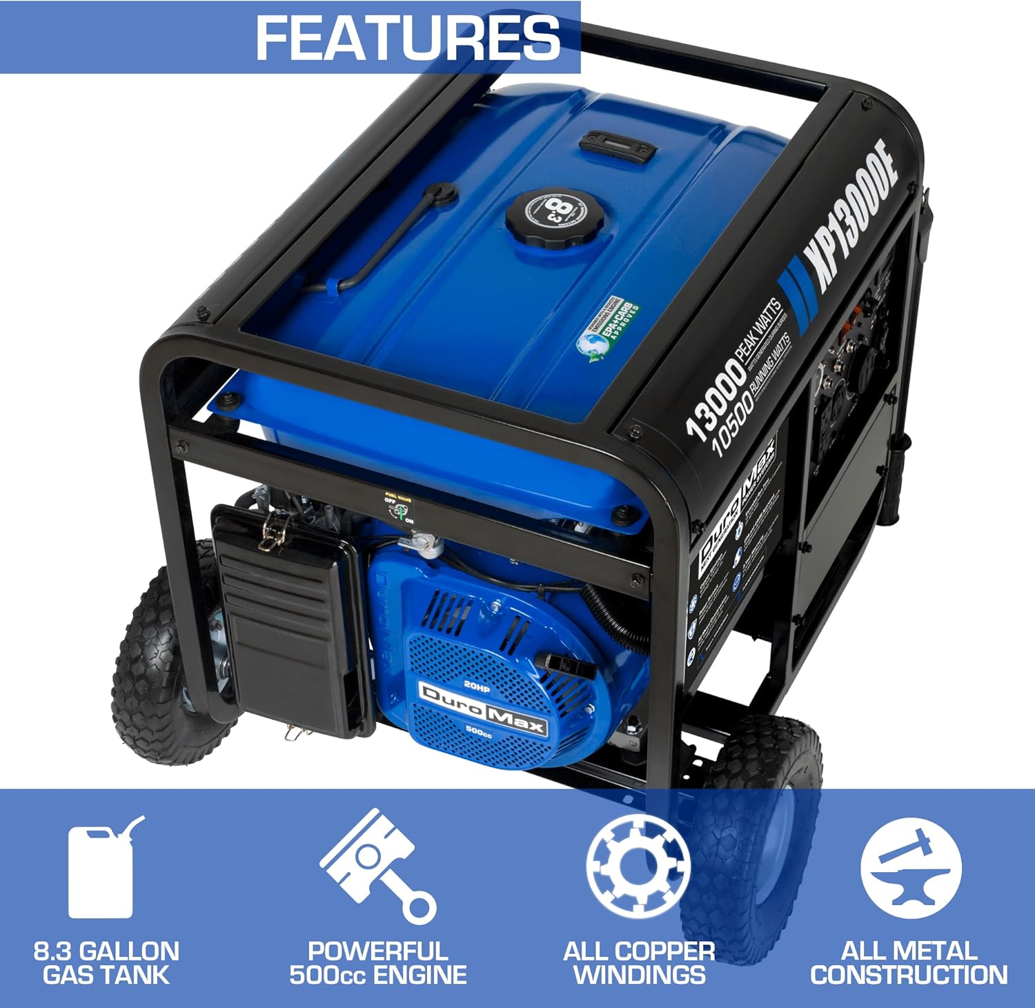 DuroMax XP13000EH 13,000-Watt Dual Fuel Portable Generator - Gas & Propane, Electric Start, Whole Home Backup Power, Transfer Switch Ready, RV & Emergency Ready
