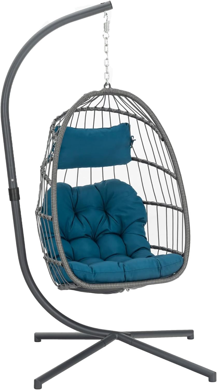 Yechen Indoor Outdoor Egg Hanging Chair with Stand, Patio Wicker Swing Egg Chair Indoor Swinging Chair Outdoor Hammock Egg Chair 350lbs Capacity for Patio Bedroom Balcony, Charcoal Grey (EG-001)