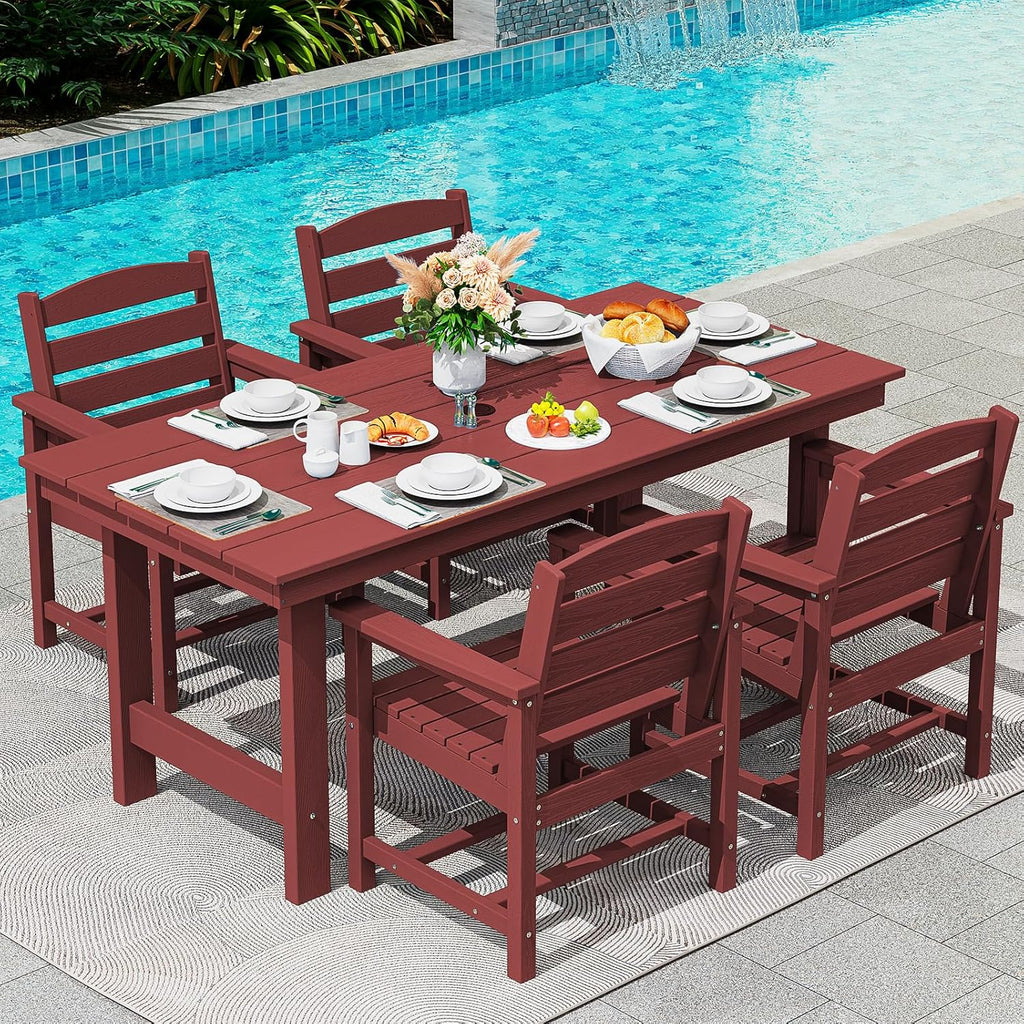 SERWALL 7-Piece Patio Table Set, Outdoor HDPE Dining Furniture with Umbrella Hole, All Weather Table and Chairs for Lawn, Garden, Poolside, Aruba