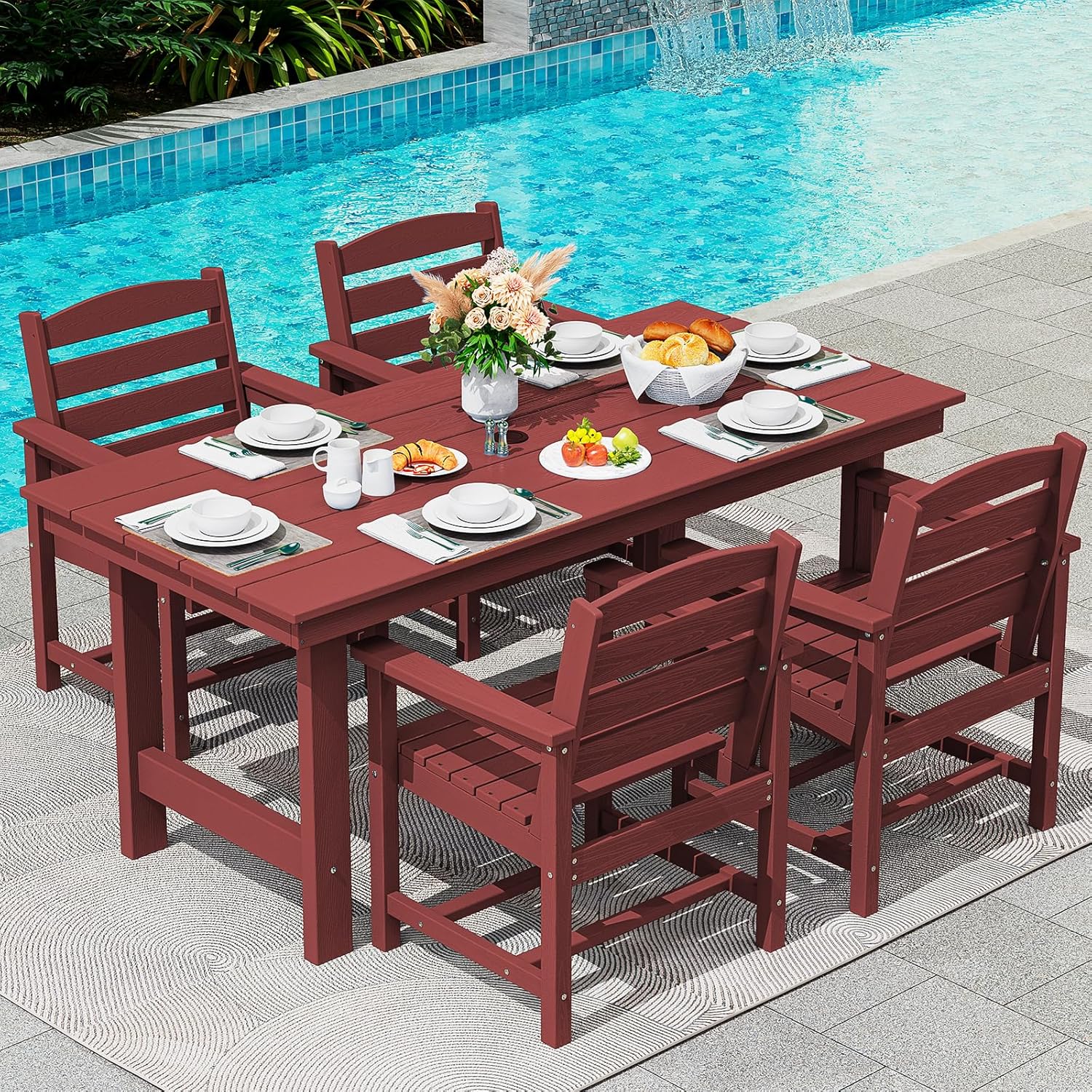 SERWALL 7-Piece Patio Table Set, Outdoor HDPE Dining Furniture with Umbrella Hole, All Weather Table and Chairs for Lawn, Garden, Poolside, Aruba
