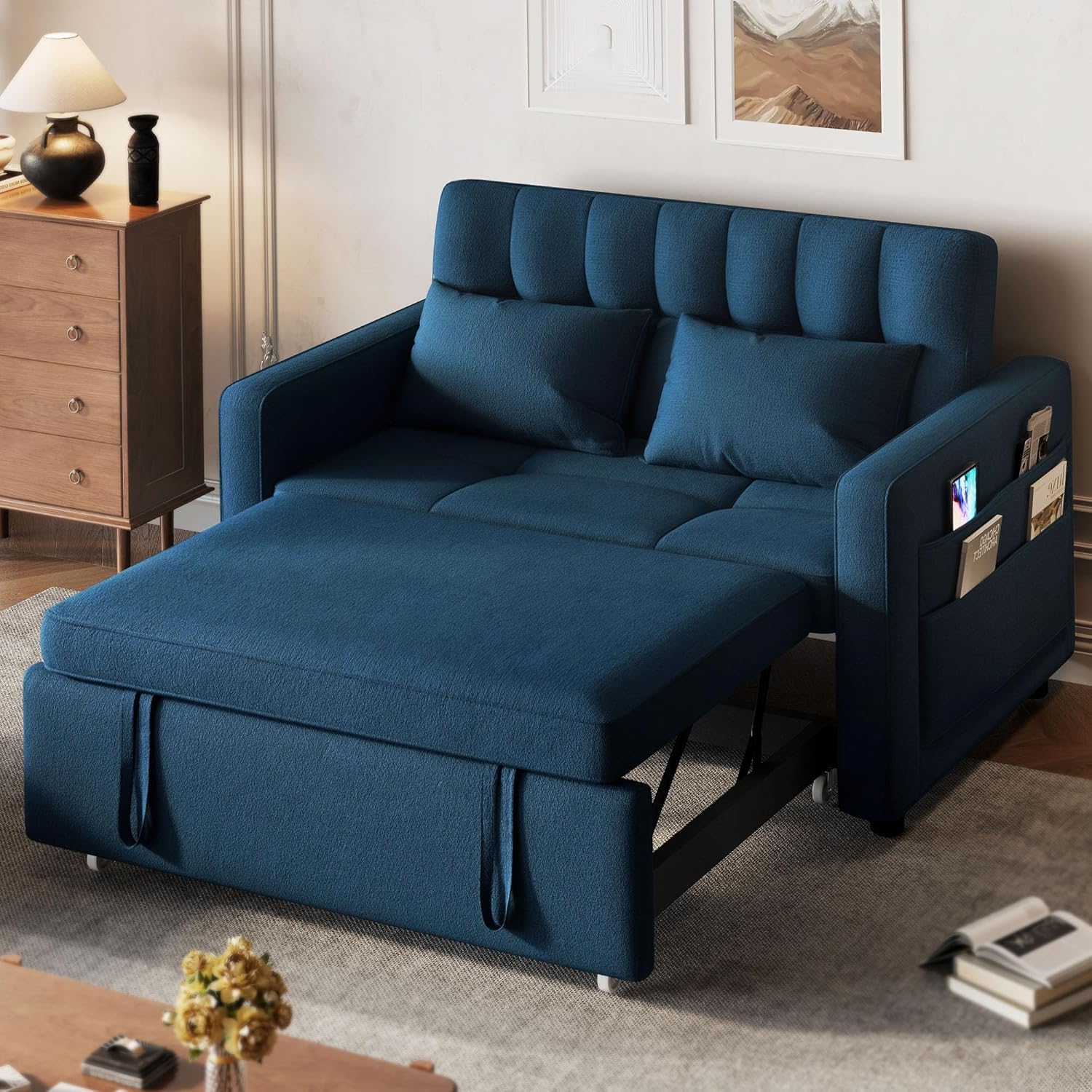 DWVO 3-in-1 Convertible Sofa Bed, 55" Sleeper Sofa with Pull-Out Bed, Cat-Scratch-Proof Fabric Futon Couch with Adjustable Backrest and Side Pocket, Loveseat for Living Room Apartment, Grey