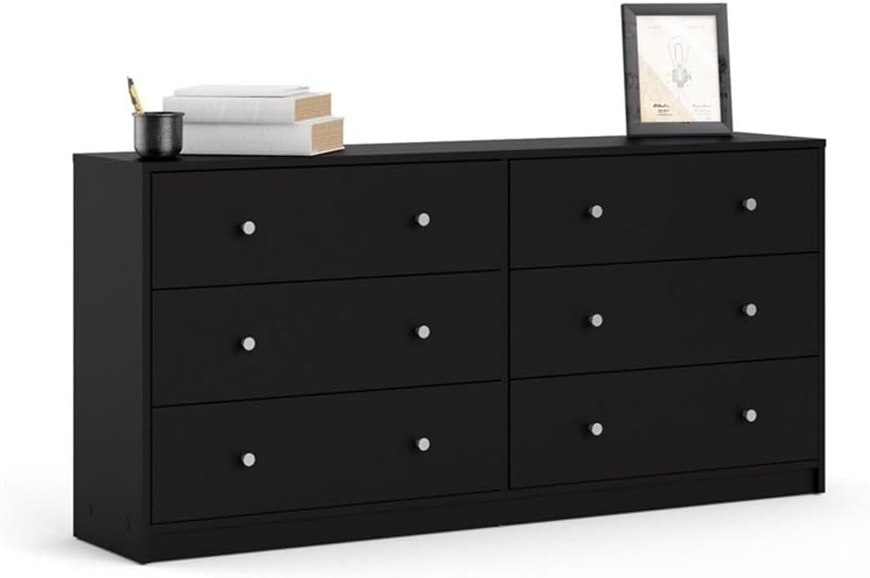 3-Pc Scandinavian Design Engineered Wood Bedroom Furniture Set with 3-Drawer Chest & 6-Drawer Double Dresser & 1-Drawer Nightstand, Pewter Plastic Handles, Smooth Plastic Glides, in Black