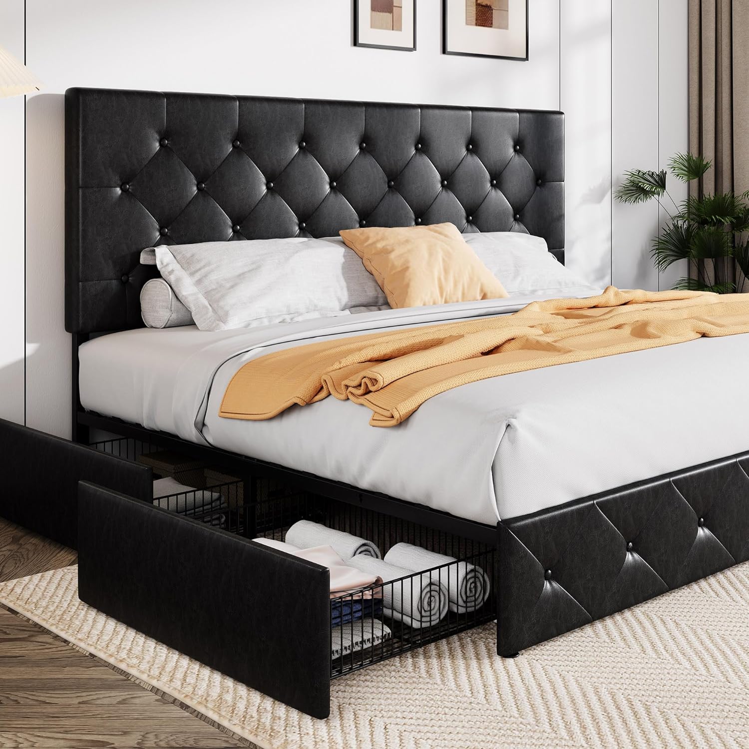 Allewie Upholstered Queen Size Platform Bed Frame with 4 Storage Drawers and Headboard, Square Stitched Button Tufted, Mattress Foundation with Wooden Slats Support, No Box Spring Needed, Light Grey