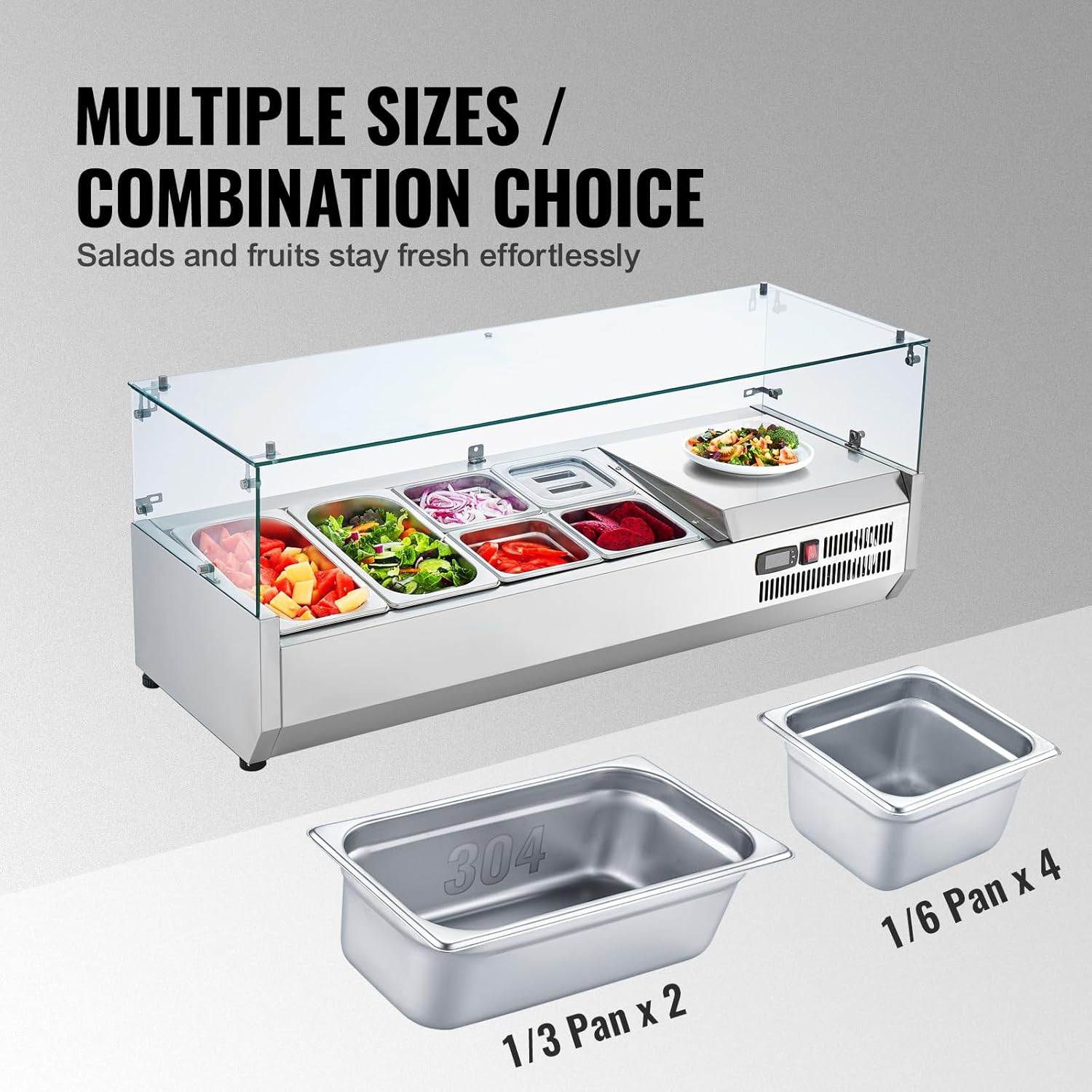 Refrigerated Condiment Prep Station, 135 W Countertop Refrigerated Condiment Station, with 2 1/3 Pans & 4 1/6 Pans, 304 Stainless Body and PC Lid, Sandwich Prep Table with Stainless Guard, ETL