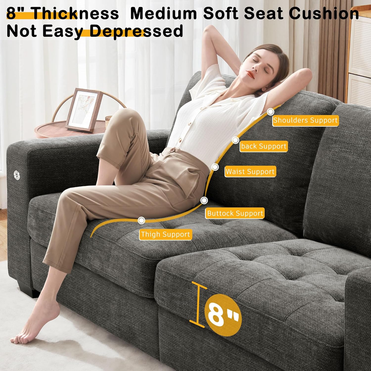 Hanherry 89" Sofa for Living Room, Modern Comfy Sofa with Medium Firm Seat Cushion, Removable Cover,Wide Armrest,USB/Type-C Port,Chenille Fabric Couches for Small Space,Apartment