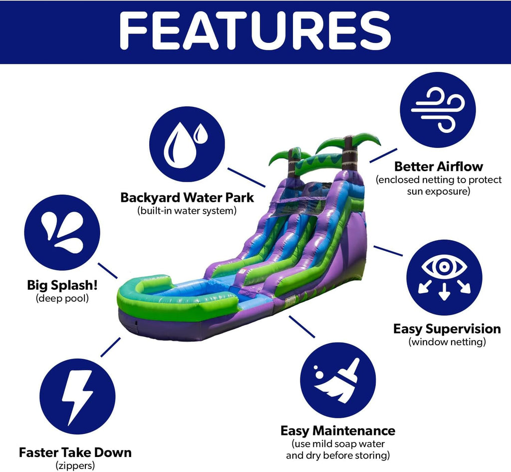 HeroKiddo 16' Purple Tropical Lightweight Premium Commercial Grade Water Slide Inflatable with Attached Pool for Kids and Adults (with Blower), Wet Dry Use, Summer Fun