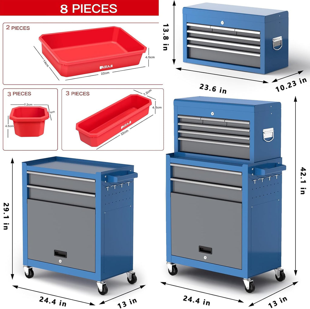 Tool Chest 8-Drawer | 42'' Large Rolling Tool Chest with Wheels | Detachable Top Metal Tool Box | Garage Storage Cabinet for Repair Room,Warehouse | Rolling Tool Box with Hooks,Liners,Tray Divider