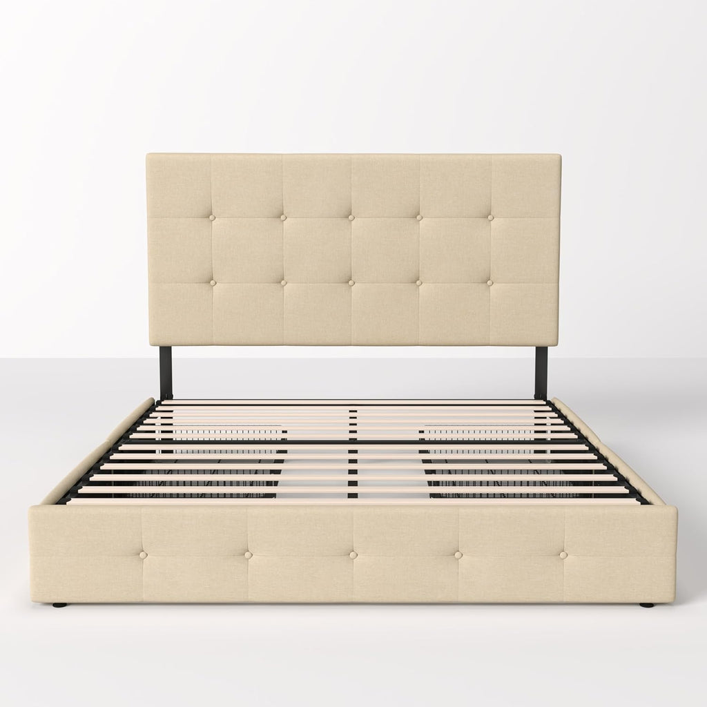 Allewie Upholstered Queen Size Platform Bed Frame with 4 Storage Drawers and Headboard, Square Stitched Button Tufted, Mattress Foundation with Wooden Slats Support, No Box Spring Needed, Light Grey