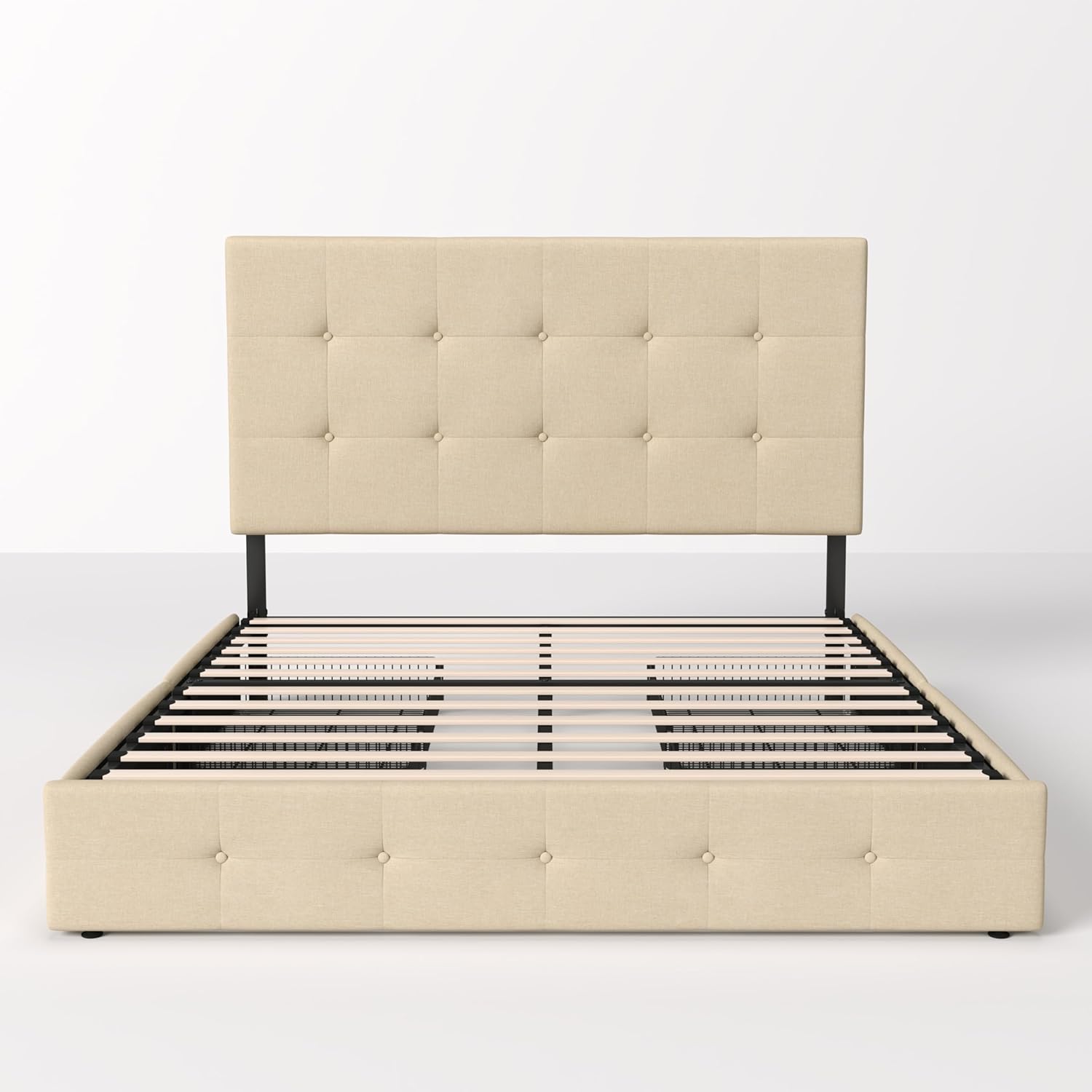Allewie Upholstered Queen Size Platform Bed Frame with 4 Storage Drawers and Headboard, Square Stitched Button Tufted, Mattress Foundation with Wooden Slats Support, No Box Spring Needed, Light Grey